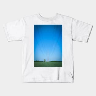 High voltage transmission line against clear blue sky Kids T-Shirt